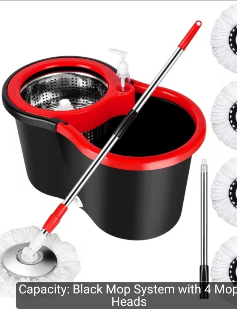 Red & Black Spin Mop Bucket Set with 4 Replacement Heads